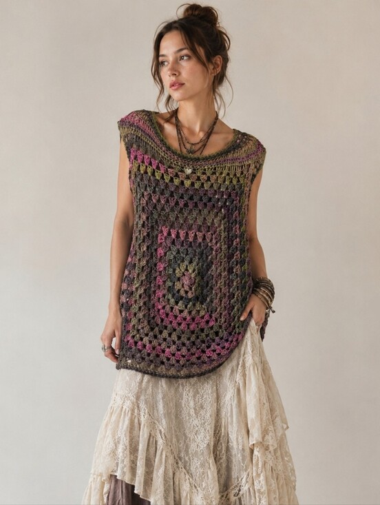 Handmade Tops - Crochet Boho Granny Square Sleeveless Pullover Vest Size M/L Knit Poncho EUC